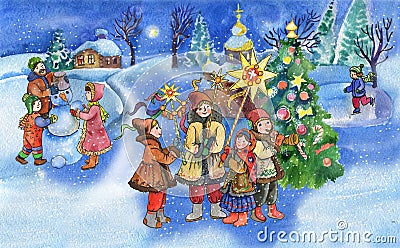 New year, childrenâ€™s, New Yearâ€™s illustration, for a book, magazine and greeting card, Ukrainian Christmas Cartoon Illustration